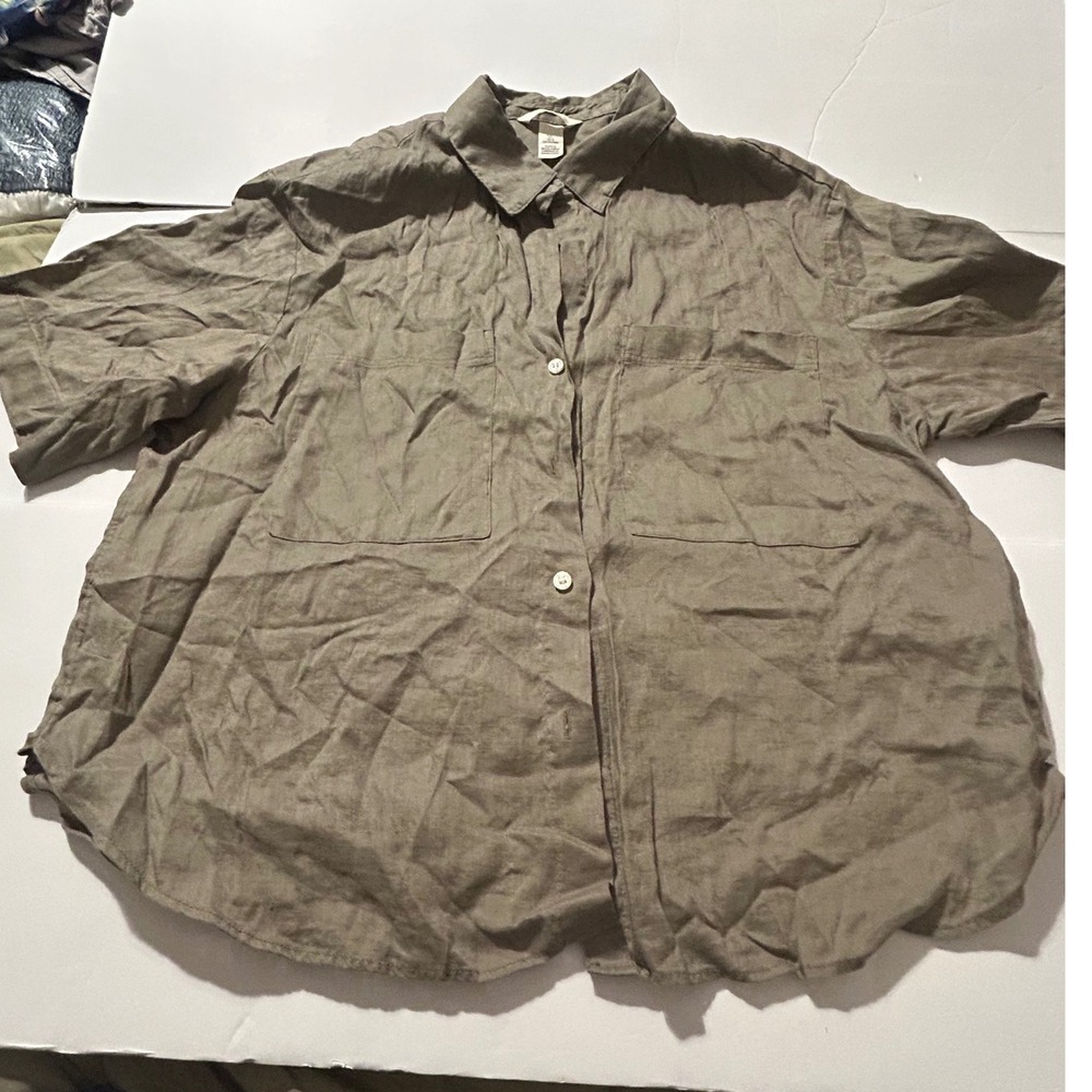 HM 100% Linen Short Sleeve Button Up Shirt Olive Green Large P/N
